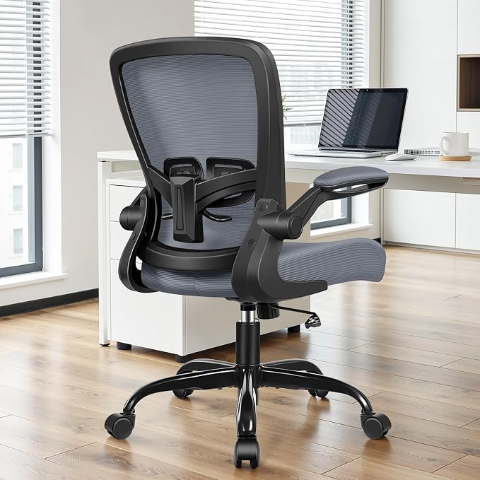 FelixKing Office Chair, Ergonomic Comfy Desk Chair with Flip-up Armrests | Adjustable Height, 360°Swivel, Flexible Tilt, Breathable Cushion and Fabric, Lumbar Support for Home Office, Dark Grey