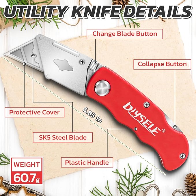 DIYSELF 4 Pack Utility Knife, Box Cutters for Light Duty Purposes, Razor Knife Utility, Box Cutter Knife for Cartoon, Cardboard, Folding Utility Knife for Warehouse, Shop, Box Cutter for Women