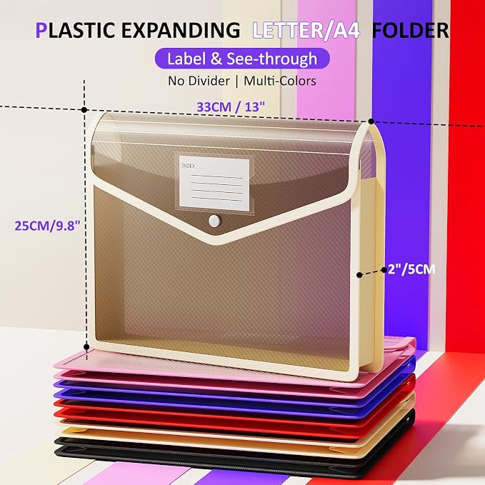 ThinkTex Plastic Expanding File Folder, Transparent Envelopes with Snap | No Dividers, Large Capacity, Document Organizer for Receipts, Bills & Taxes, Fits Letter / A4 Size - 5 Pack
