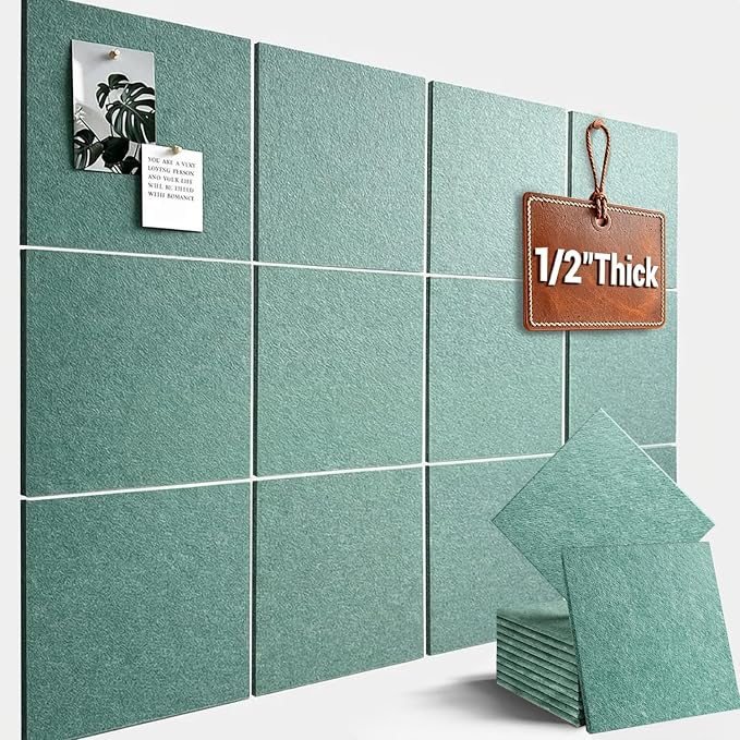 48" x 36" Large Felt Bulletin Board 1/2" Thick, Jade Green | 12 Pack Felt Tiles, Cork Board Alternative, 60 Adhesive Tabs, Pin Board for Home Office Decor with Easy Install