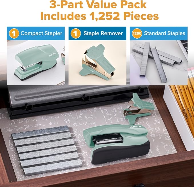 Bostitch Heavy Duty Stapler Value Pack, 40 Sheet Capacity, Sage | Half-strip, flat-clinch design opens fully for tacking bulletin boards; includes a staple remover and 5,000 staples.