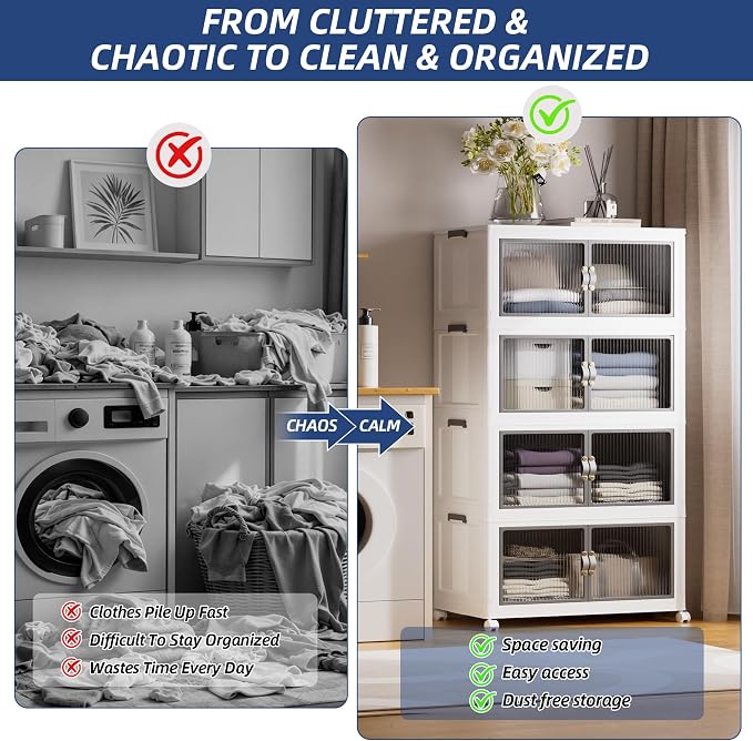 SAILUN 464Qt Stackable Storage Bins,Storage Cabinet with a Lid,4 Pack White | Stackable Storage Drawers with Lids,26" W x 17" D x 56.7" H,Featuring open-front Access for Clothes and Closet Storage