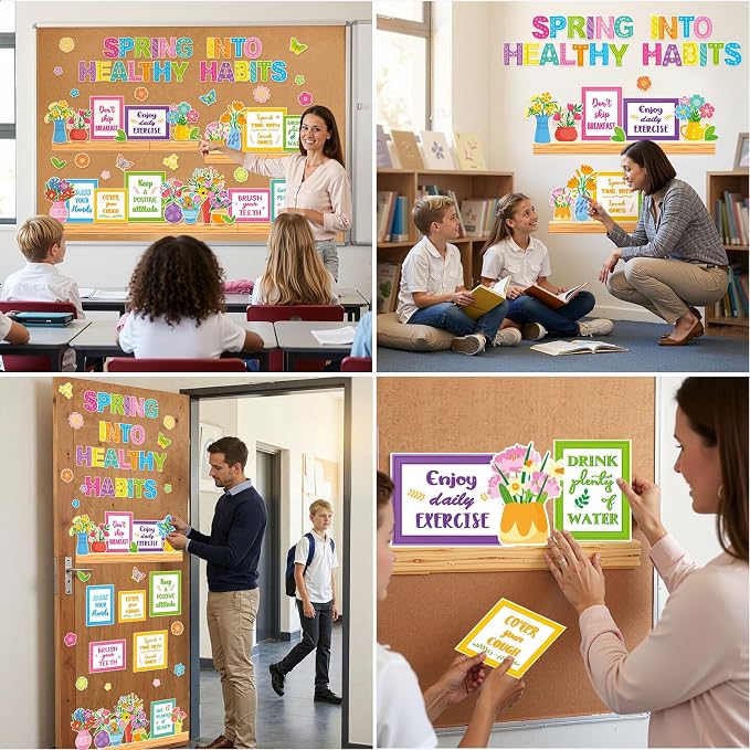 Qilery Spring Healthy Habits Bulletin Board Set Classroom Decorations | Motivational Nutrition Paper Cutouts for Teacher Elementary School Nurse Office Educational Positive Wall Decor for Library