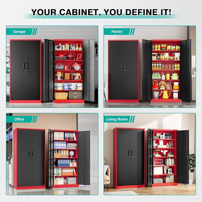 Wide & Deep Metal Storage Cabinet with 5 Shelves,72" Tall Red Garage Storage Cabinet with Lock,Metal Cabinets with Locking Doors,Lockable Steel Cabinets for Home,Office,Shop,Garage,72x36x18
