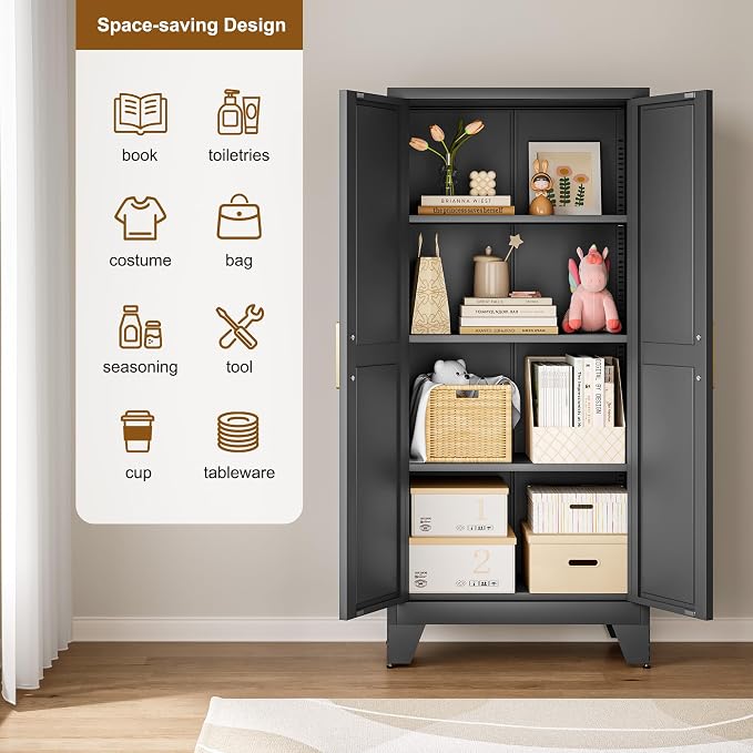 QINPTWUT 61" Metal Storage Cabinet, 4-Tier Kitchen Pantry with 3 Adjustable Shelves, Farmhouse Design Freestanding Cupboard for Kitchen, Bathroom, Laundry, Garage, Black