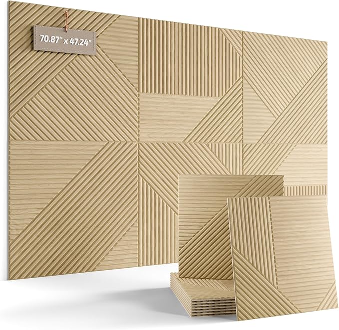 Fluxynara Large Felt Bulletin Board,Cork Board Alternative 70.87'' x 47.24'' Art Acoustical Wall Panels-6 Pack with 60 Adhesive Tabs,for Recording Studio/Home Offices-Natural Oak/Crossing Lines