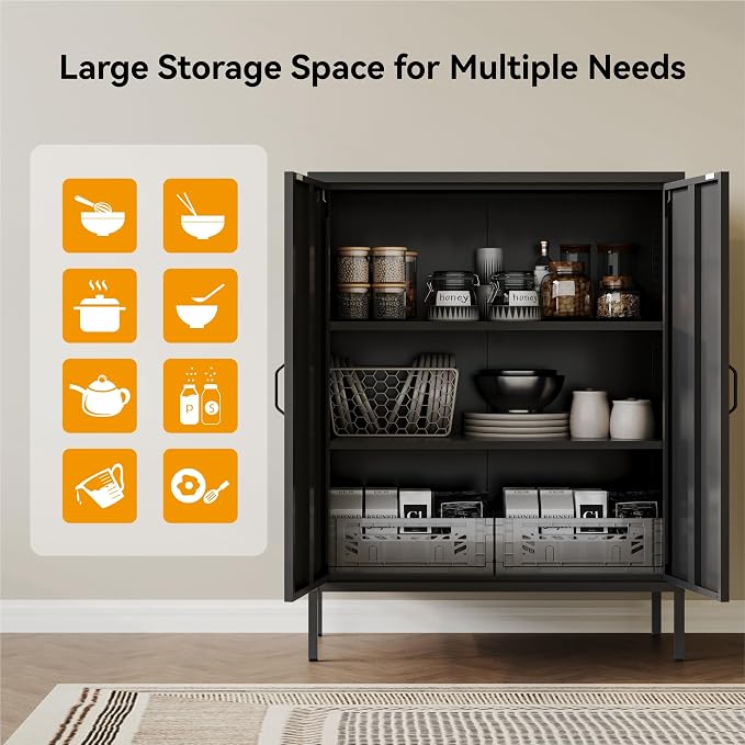 COFaR Black Metal Storage Cabinet, 40” Industrial Kitchen Organizer & Buffet Sideboard, 3-Tier Steel Cabinet with Adjustable Shelves, Magnetic Doors for Coffee Bar, Office, Dining Room
