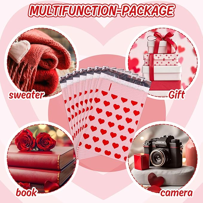 Whaline 50Pcs Valentine Bubble Mailers Red Heart Poly Padded Envelope Self Seal Mailer Bag For Small Business Boutique Packaging Mailing Makeup Clothes Document, 6 x 9 Inch