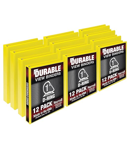 Samsill Durable 1 inch 3 Ring Binder, D Ring Binder, 100% Recycled Chipboard, Yellow, 12 Pack