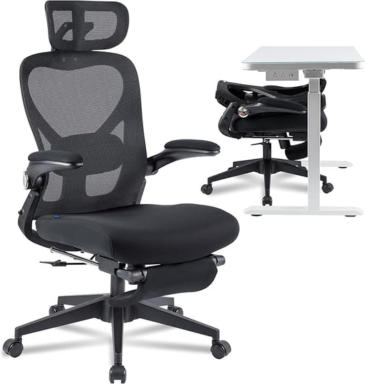 FLEXISPOT Foldex Ergonomic Office Chair, Folding Chair for Small Spaces with Lumbar Support, Flip-up Armrests, 3D Headrest, Desk Chairs with Footrest for Work,Video Game,Gift (Foam Seat, Black)