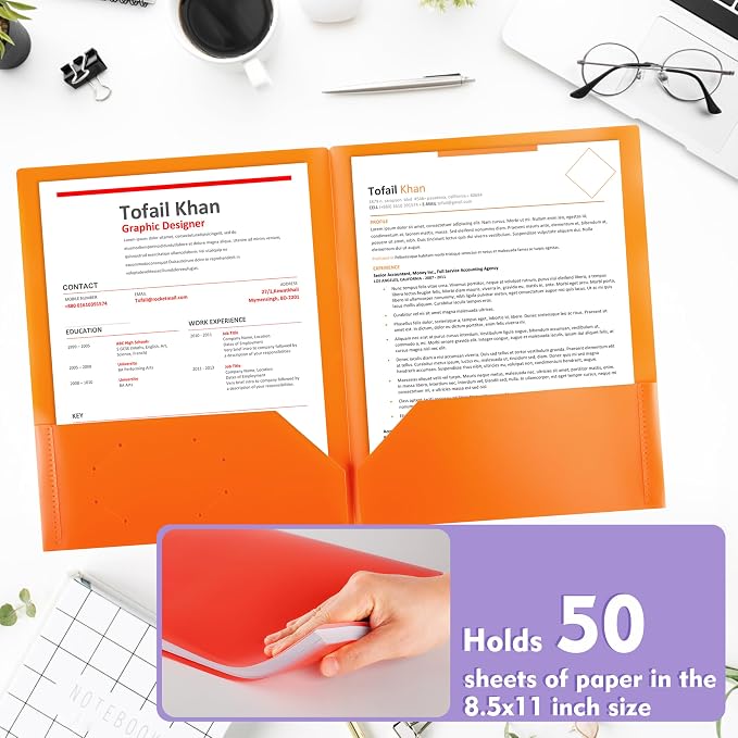 pmybupo Plastic Folders with Pockets (Orange 25 Pack),2 Pocket Poly Folders for School,Home or Office,Durable Acid-Free Poly