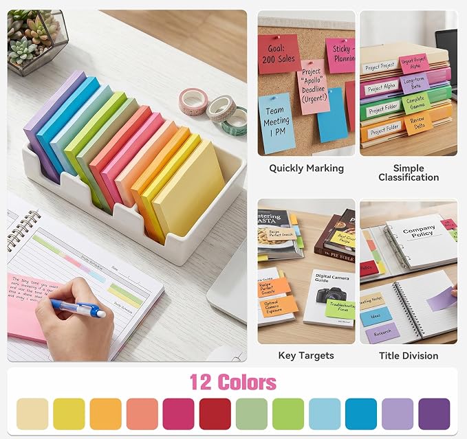 Agoer Large Sticky Notes,1200 Sheets Memo Pads,3 x 5 in Bright Colored Note Pads,Clean Removal Super Self-Stick Notes,12 Colors Notepads,Pastel Ruled Post Stickies for Office,Home,School Supplies