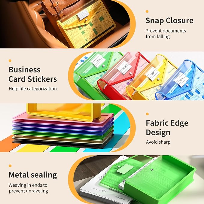 Plastic Expanding File Folder, Transparent Envelopes with Snap Closure | No Dividers, Large Capacity, Assorted Colors, Bills&Taxes, Fits Letter / A4 Size for School / Office / Home, 7 Pack