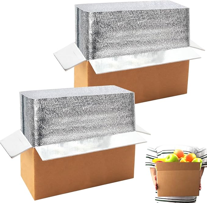 2 Pack Hot & Cold Double Insulated Shipping Box with Aluminum Foil Insulated Bag Liner, Reusable Hot & Frozen Food Delivery Insulated Carton for Shipping, Mailing, Packing, 12.2x5.2x7.5 Inch