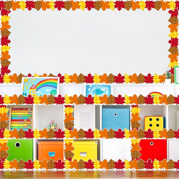 BeYumi Fall Leaves Border Trim - 65ft Fall Plaid Maple Leaves Shape Rolled Border Trim Autumn Thanksgiving Bulletin Board Set Harvest Party Decor School Classroom Office Chalkboard Door Decoration