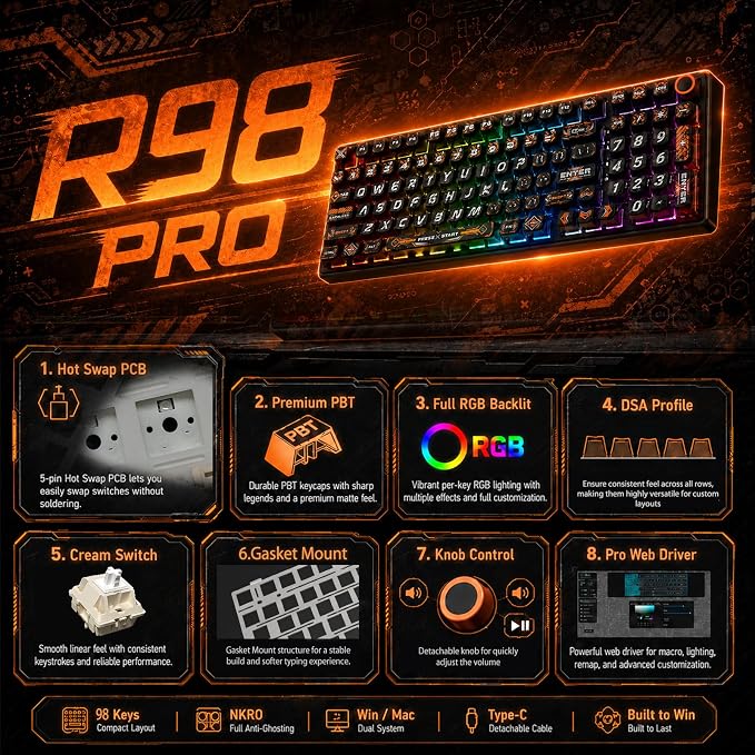 RK ROYAL KLUDGE R98 Pro Wired Mechanical Keyboard, RGB PC Gaming Keyboard with Number Pad and Volume Knob, dye Sublimation DSA Profile Pudding Keycaps, for Win/Mac, Hot Swappable Linear Cream Switch