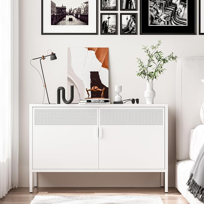 Washsemba 2 Door Storage Sideboard, Metal Storage Cabinet with 2 Adjustable Shelf,Multipurpose Metal Accent Cabinet for Office Home,Music Studio (White, 25''H)