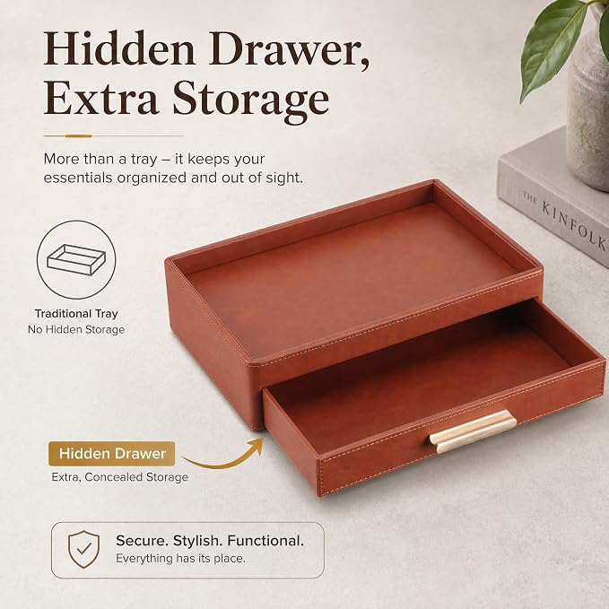 GORESE Leather Valet Tray with Drawer for Men, Nightstand Organizer, Brown | Vegan Leather, EDC Desk Organizer Tray for Jewelry Cologne Watch Wallet Key, Catchall Tray for Dresser Entryway Table Bedside