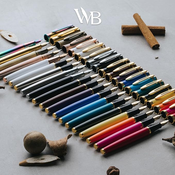 Wordsworth & Black Luxury Fountain Pen Set for Writing, Medium Nib, Rainbow | Gift for Men & Women, Brass Body, 18K German Iridium, Calligraphy, Converter + 24 Ink Cartridges, Refillable, Leak-Free