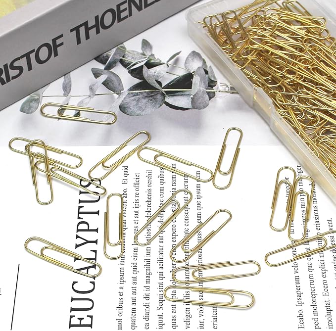 Luomorgo 120 Pcs Gold Paper Clips - 1.3 Inch (33mm) Vinyl Coated Metal Paperclips for Office, School, Home, Bookmark & Document Organizer