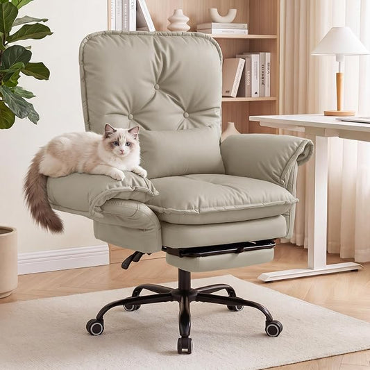 Criss Cross Office Chair with Flip Arms & Footrest, Comfy Desk Chair,Cream | Cross Legged Office Chair, Wide Seat Reclining Desk Chair with Wheels, Vanity Chair with Pocket Spring Seat and Side Pockets