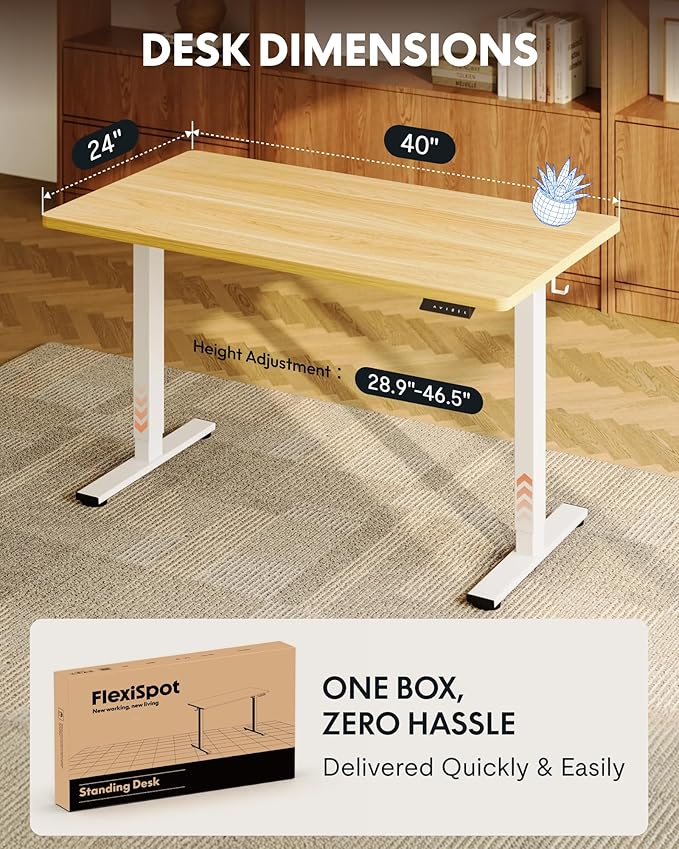 FLEXISPOT EN1 One-Piece Standing Desk, 40"x24" Seamless Desktop Electric Height Adjustable Desk for Home Office, Multi-Monitor Setups & Easy Assembly, Maple
