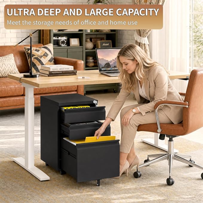 3 Drawer Small Under Desk Rolling File Cabinet with Lock for Home Office | Fully Assembled,Central Locking System,Metal,Pencil Tray,Hanging File Bar,Anti-Tipping Caster