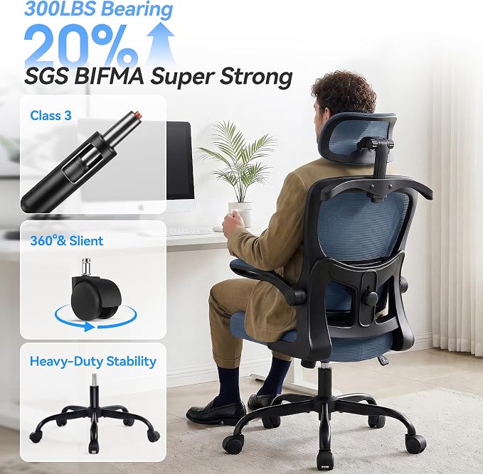 Office Chair Ergonomic Desk Chairs with Adjustable Lumbar Support& Headrest Hanger, High Back Breathable Mesh Chair with Wheels, Rolling Swivel Comfy Task Computer Chair for Home Work Gaming