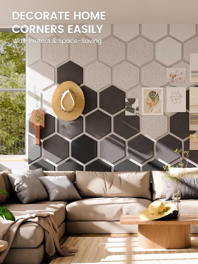 Fluxynara 8-Pack Hexagon Felt Bulletin Board Tiles, Concrete Echo | Cork Board Alternative with 50 Adhesive Tabs for Notes, Photos and Reminders in Home Offices, Dorm and Classrooms