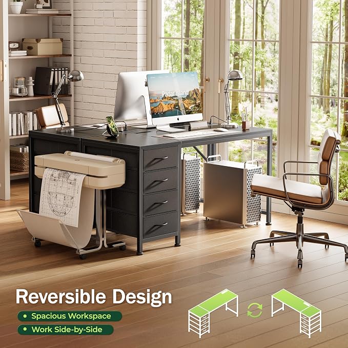47.2Inch Computer Office Desk with Power Outelts and USB-C Port, Reversible Gaming Desk with 4 Fabric Drawers, Work Study Desk Work from Home, Black
