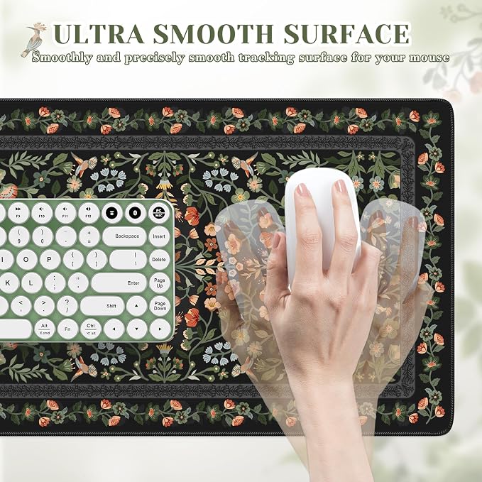 iCasso Aesthetic Mouse Pad,23.6x13.7in Desk Pad, Black Flower | Vintage Desk Matt for Desktop, Anti-Slip Mousepad with Stitched Edges for Laptop Computer Keyboard