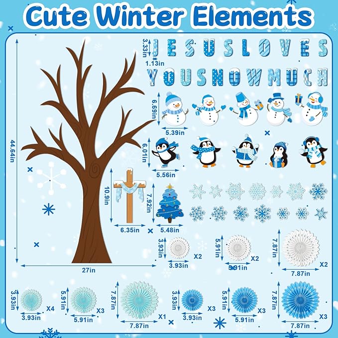 79 Pcs Winter Bulletin Board Decorations Jesus Loves You Snow Much Classroom Decor 3D DIY Christmas Tree Paper Fans Snowman Snowflake Penguins Cutouts for Winter Xmas Home School Wall Decor
