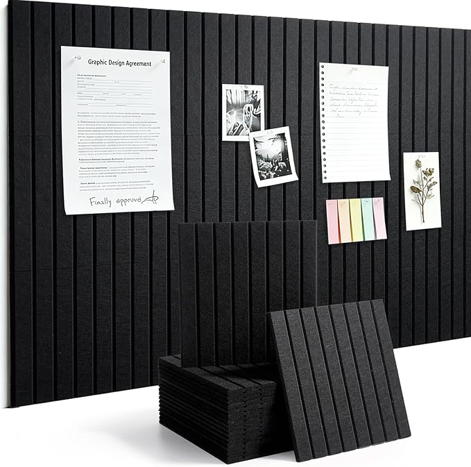 Large Felt Bulletin Board Cork Board Alternative with Safe Removable Adhesive Tabs, Wall Bulletin Board for Home Office Classroom Pin Board (Black, Fine-Stripe 12-Pack)