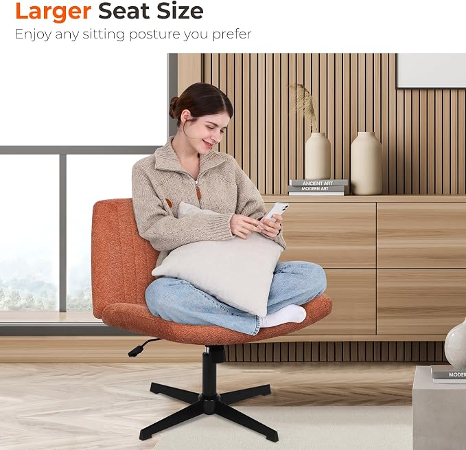 NEO CHAIR Criss Cross Chair with No Wheels, Cozy Wide Armless Seat, Brown | Cross-Legged Friendly, Comfy Support for Office, Desk, or Vanity, Smooth 360° Swivel Motion with Adjustable Height and Tilt