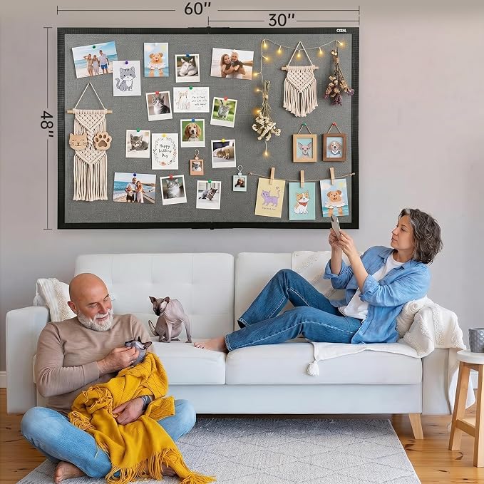 Gideal Large Bulletin Board 60 x 48, Cork Boards for Walls | Foldable Cork Board with Black Pine Frame & Grey Linen, Wall Mounted Pin Display for Home, Office & Classroom