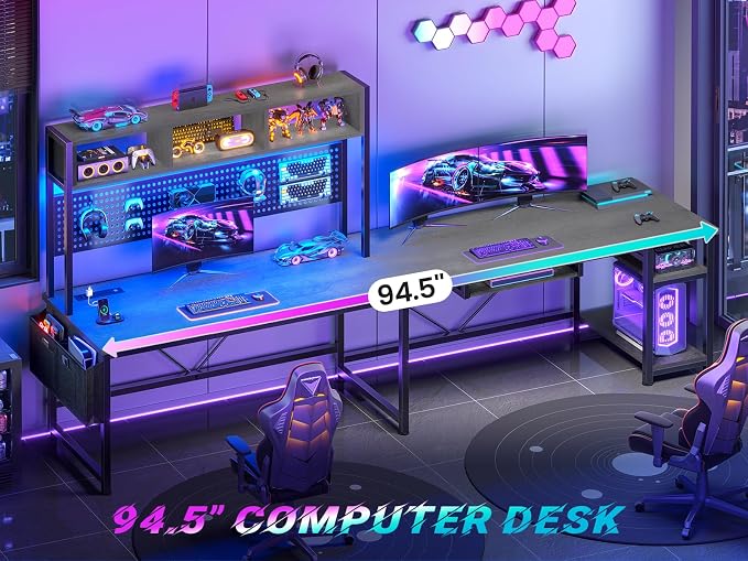 SEDETA L Shaped Office Desk with Hutch, Reversible 94.5" Computer Desk | L Shaped Gaming Desk with LED Light, Keyboard Tray, Storage Shelves and Headphone Hook for Home Office, Grey