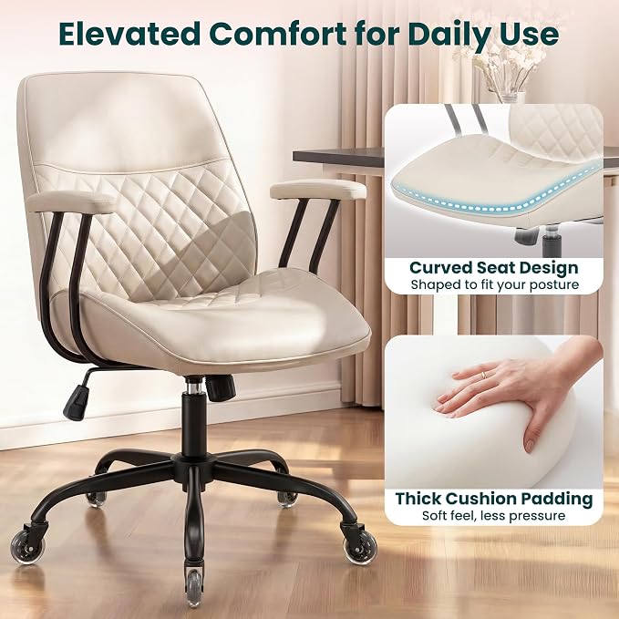 NEO CHAIR Leather Office Chair with Ergonomic Design, Swivel Chair, Ivory | Modern Computer Desk Chair with Genuine Leather, Lumbar Support, Removable Arms, Comfy Chair for Home Office, Smooth Rolling