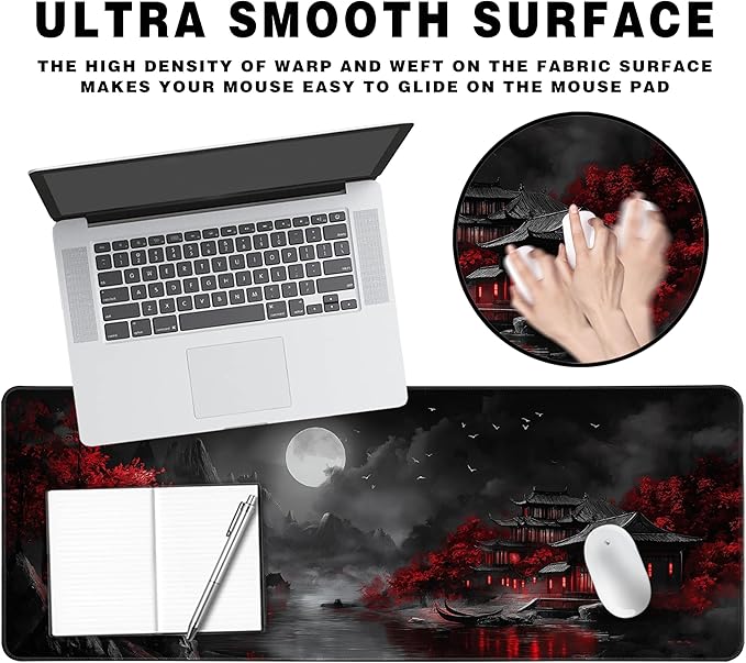 Long Gaming Mouse Pad Extended Anime Large Desk Pad with Non-Slip Base Full Keyboard Mat with Stitched Edges for Gaming and Office 31.5 x 11.8 inches (Dark Night Full Moon)