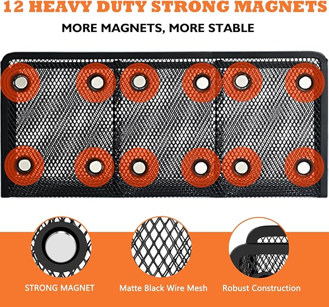 Magnetic Pencil Holder Whiteboard Pen Holder Locker Accessories (3-Slot*1) | Locker Organizer, Desk Organizer, Teacher Supplies, Mesh Basket, Strong Magnets, Black, For Fridge School Office Home