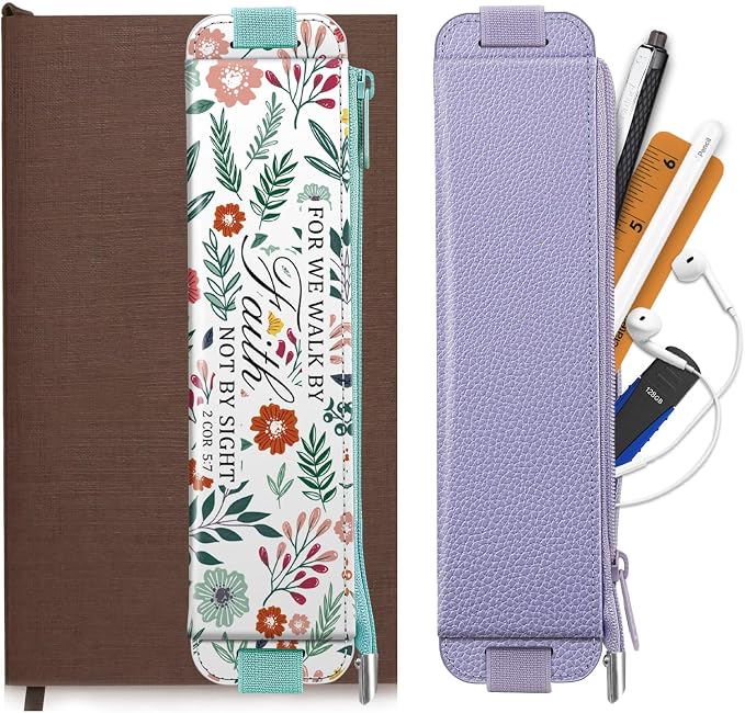 FINPAC 2-Pack Elastic Pen Holder for Notebook Leather Pen Holder | Stationery Zipper Bag for Pencils, Pen Pouch with Elastic Band for Bible Journaling, Planners, Tablets, Spring Bloom