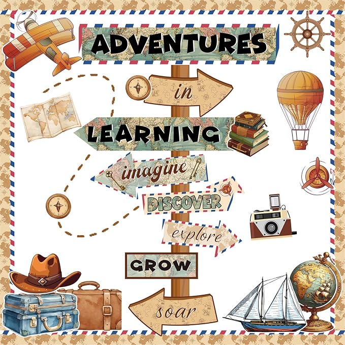 46Pcs Travel Theme Bulletin Board Decorations Set, Retro Adventure Map Classroom Bulletin Boards Decor, Motivational Reading Bulletin Borders for Classroom Elementary Back to School Office Wall Door