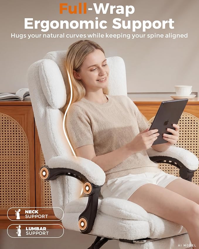 GTPLAYER Big and Tall Office Chair with Pocket Spring Cushion & Ergonomic Lumbar Support for Lower Back Pain Relief, High Back Computer Gaming Chair with Foot Rest, Comfy Teddy Fleece, White