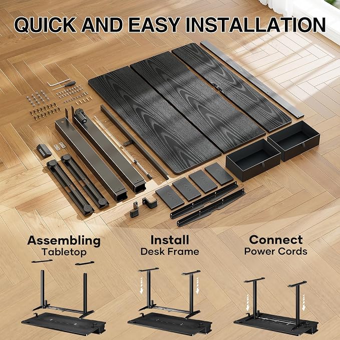 Veken 55x26 in Electric Standing Desk with Drawers, Adjustable Table, Black | Stand up Computer Desk for Home Office, Work & Study, with Storage, 3 Memory Presets, Cable Organizer, Hook, and Quiet Lift.