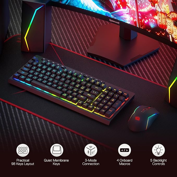 Redragon S142 Wireless Gaming Keyboard & Mouse Combo, 98 Keys K515 PRO RGB Membrane Keyboard & 4800 DPI Wireless 2.4Ghz Gaming Mouse Bundle, Convenient Shared Dongle