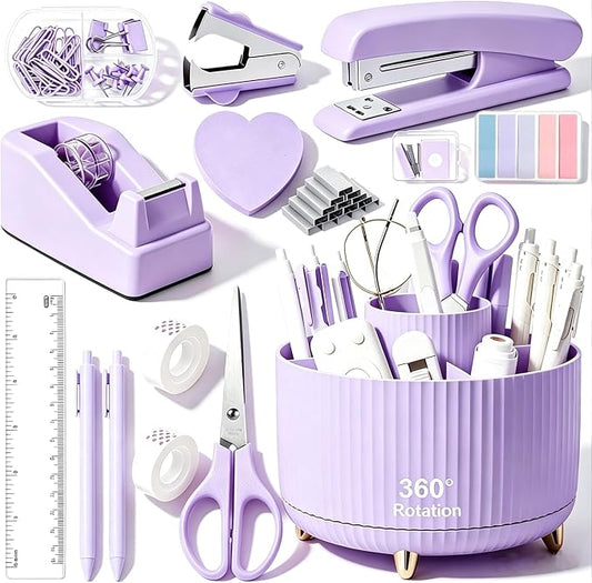 Office Supplies Set Rotating Pen Holder for Desk with Stapler Staple Remover Tape Dispenser 2pcs Tape Refills Binder Paper Clips Kit Scissor Pen Ruler & Sticky Tabs Pink Office School Supplies(Purple)