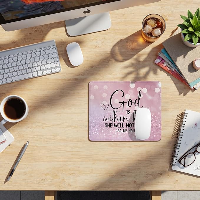 Pink Glitter Christian Mouse Pad, God is Within Her She Will Not Fall Psalm 46:5 Bible Verse Mouse Pads Mousepad for Home Office Dorm Computers Laptop Supplies Desk Accessories, 9.5x7.9 Inch