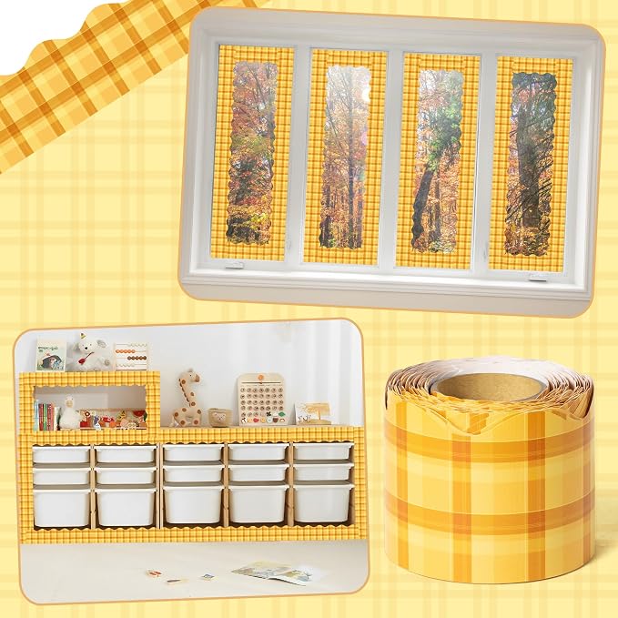 BeYumi Yellow Plaid Border Trim - 65ft Back to School Yellow Scalloped Rolled Border Trim Fall Thanksgiving Plaid Bulletin Board Set Harvest Party Decor Classroom Office Chalkboard Door Decoration
