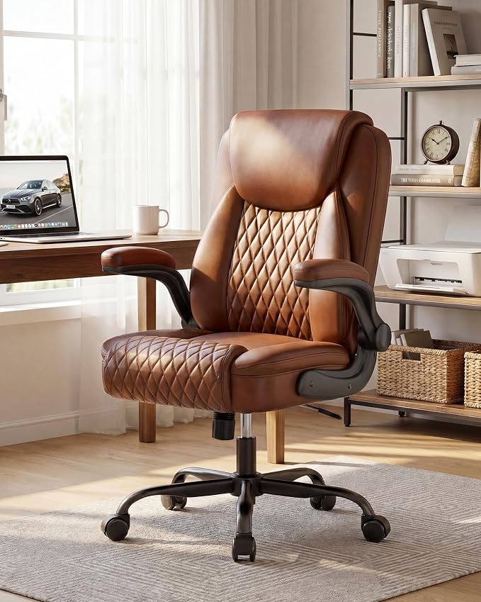 COMHOMA Mid-Back Office Chair, Ergonomic PU Desk Chair with Flip up Arms, Small Computer Gaming with Comfy Lumbar Support,Rocking Function,Sturdy Metal Base, Brown