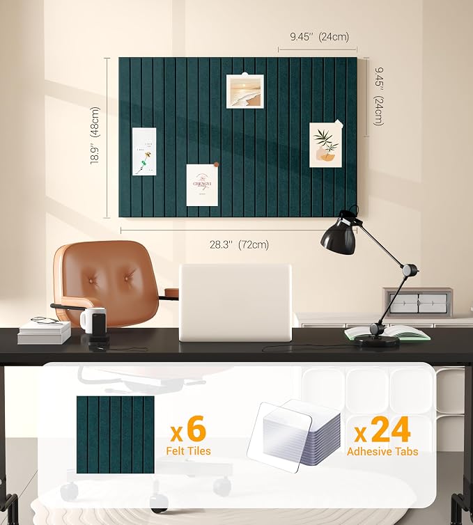 28" x 18" Felt Bulletin Board Tiles 1/2" Thick, Forest Green | 6 Pack Felt Tiles, Large Cork Board Alternative, 30 Adhesive Tabs, Pin Board for Home Office Decor with Easy Install