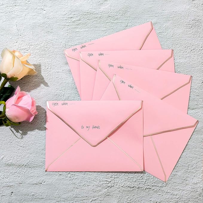 50 Pack A7 Envelopes Pink 5 x 7 with Gold Border | Self-Adhesive, V Flap, For Wedding, Graduation, Baby Shower, Parties, Invitations